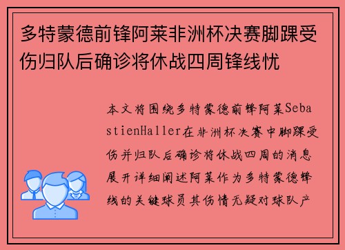 多特蒙德前锋阿莱非洲杯决赛脚踝受伤归队后确诊将休战四周锋线忧